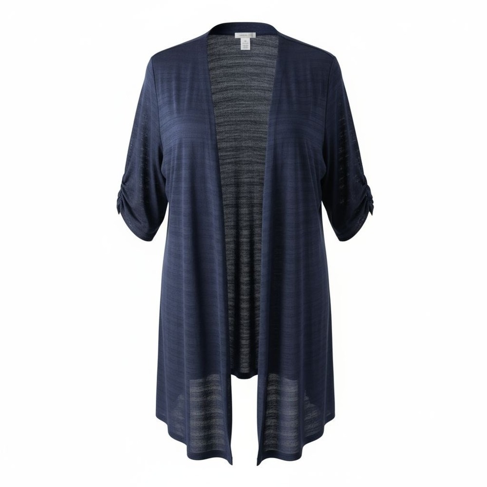 Catherines Womens 4X Navy Blue Slub Knit Open Front Cardigan Elbow Sleeve 30/32W